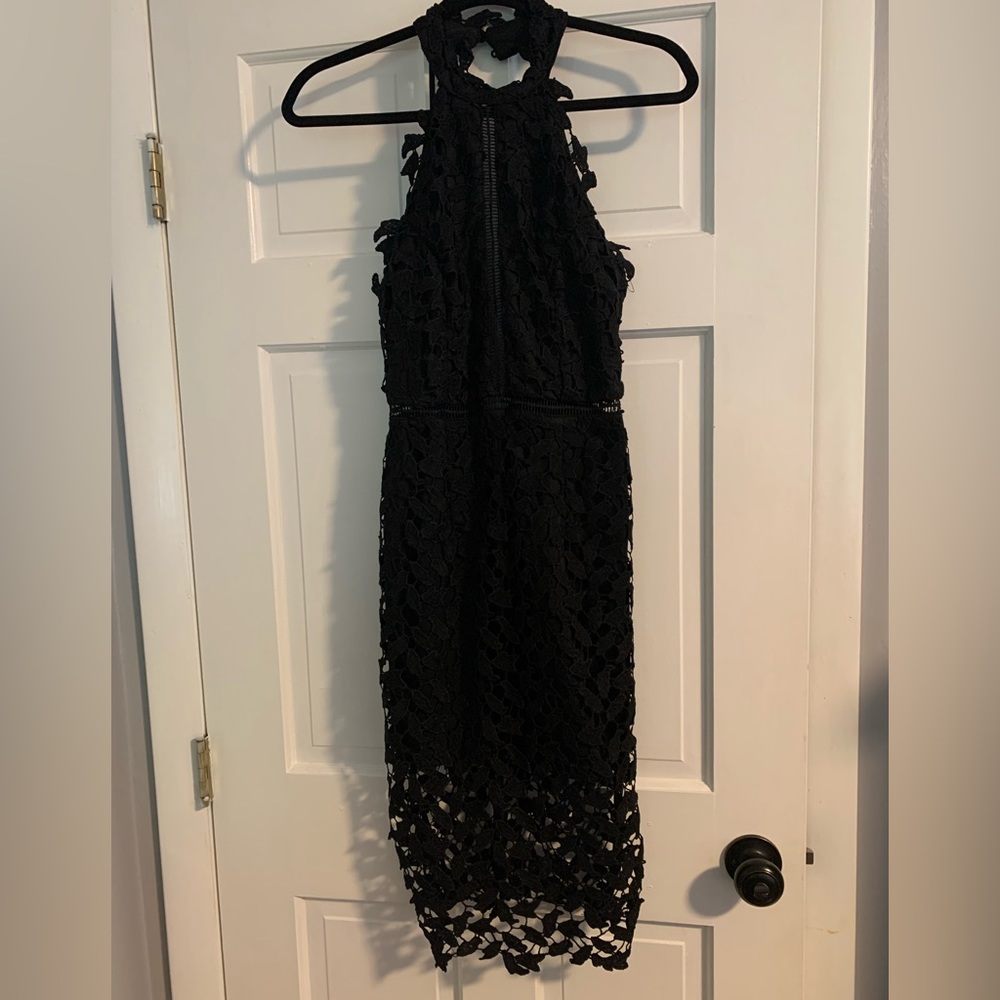 Aakaa black lace midi dress